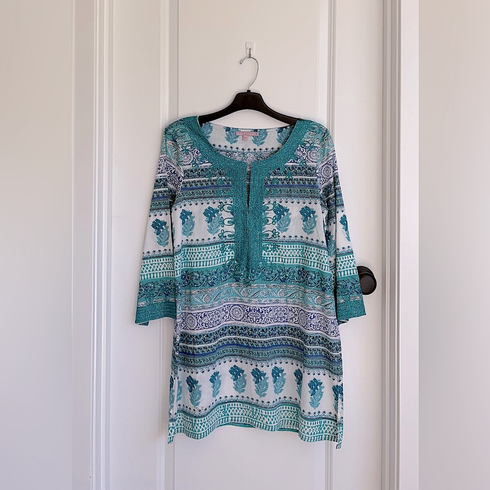 Calypso St. Barth Heather Turquoise and White Embroidered Tunic Top